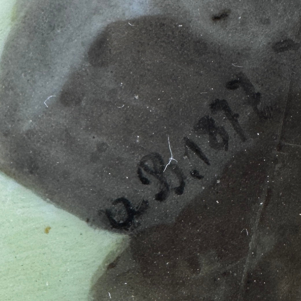 Assiette en porcelaine XIXe peinte à la main - signée u.b 1877