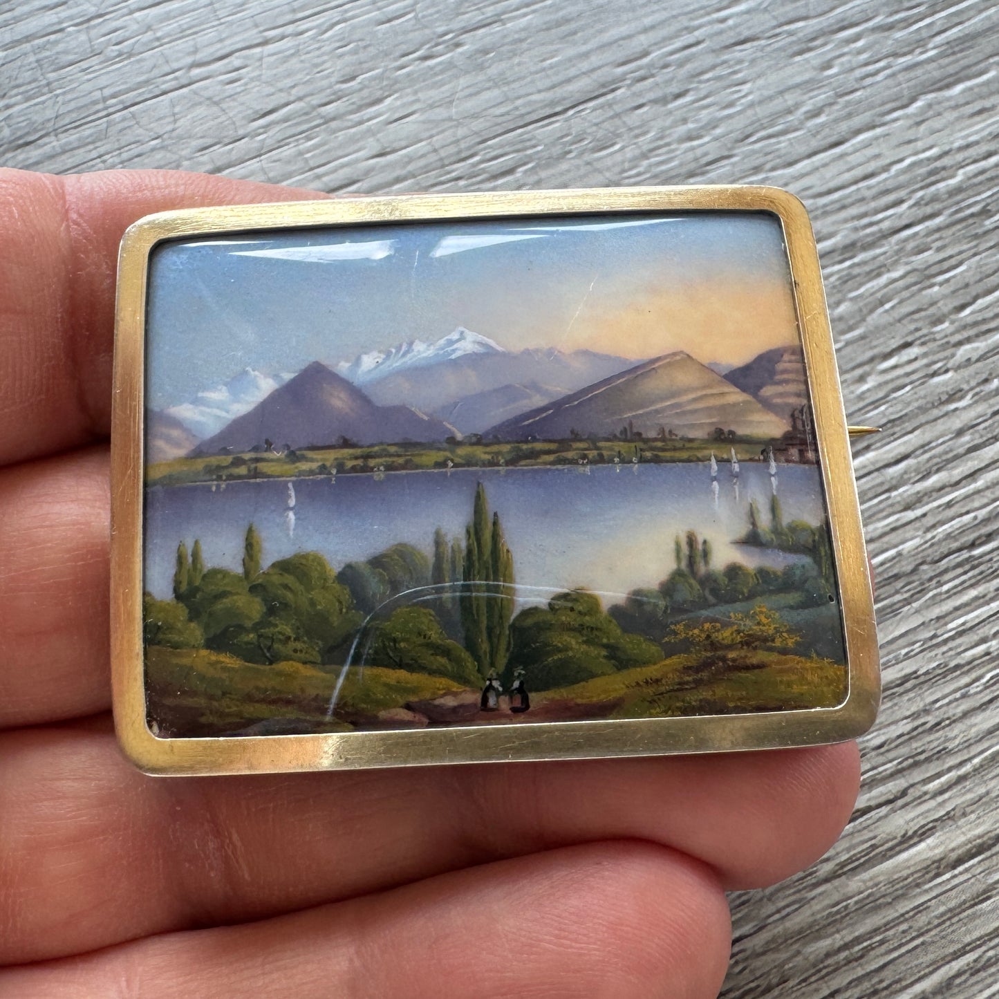 Broche ancienne argent vermeil et émaux « Souvenir du lac Leman »