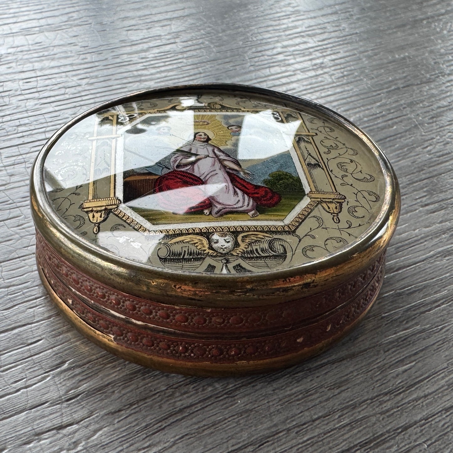 Boîte Ancienne Bonbonnière sous verre XIXe - Scène Religieuse