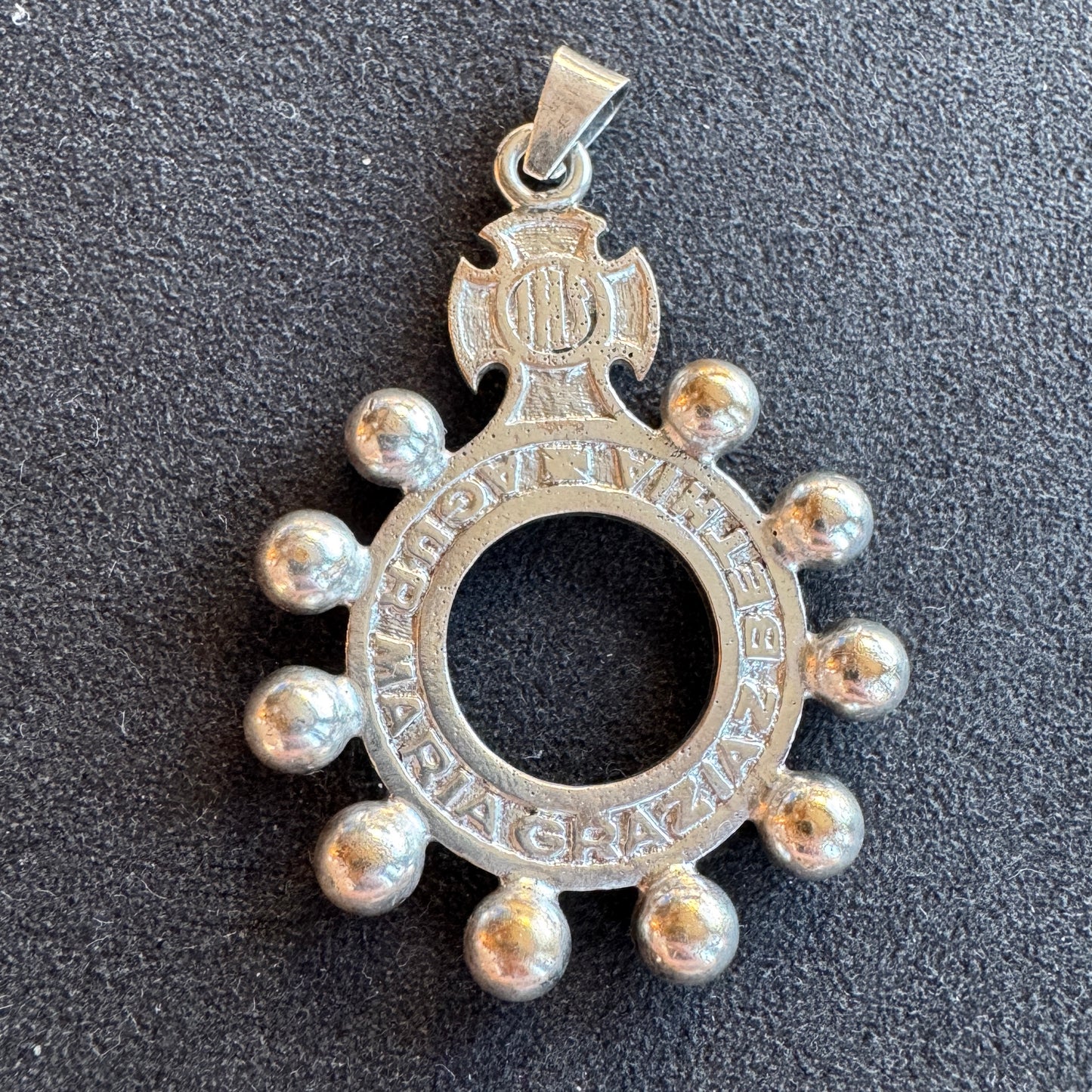 Bague ancienne dizainier « je vous salut Marie » - métal argenté