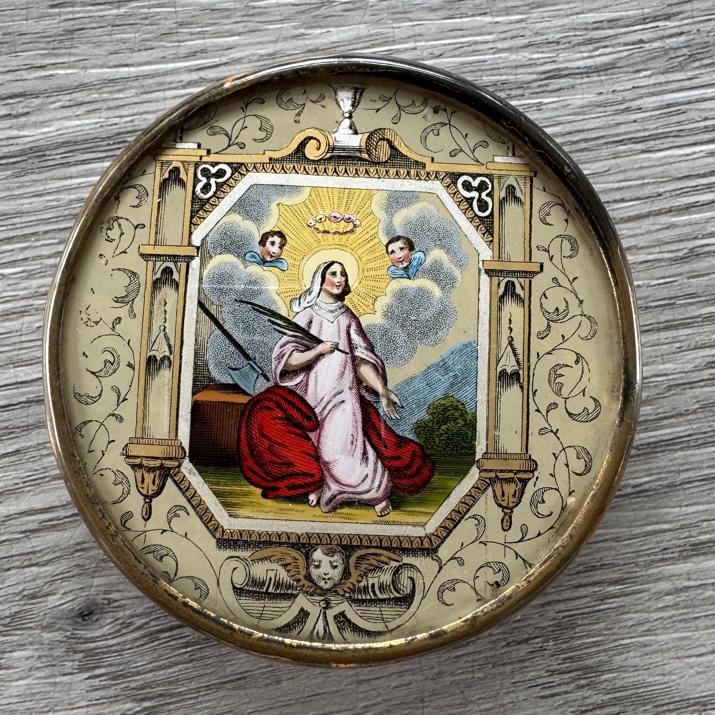 Boîte Ancienne Bonbonnière sous verre XIXe - Scène Religieuse