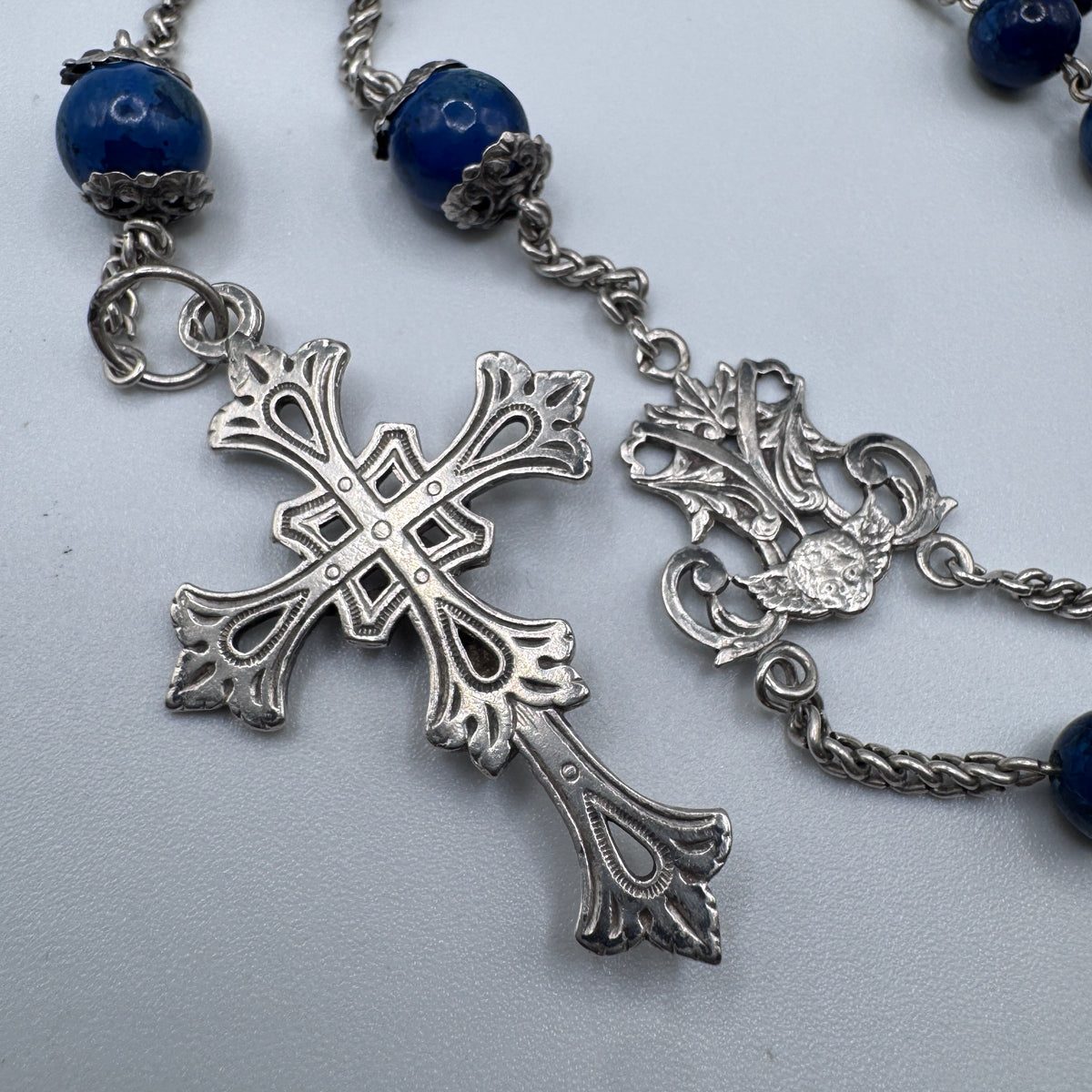 Superbe et Grand Chapelet ancien vers 1900 - argent massif et lapis-lazuli