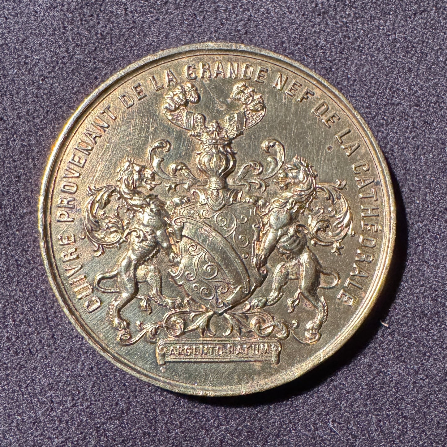 Médaille ancienne « Cuivre provenant de la grande Nef de la cathédrale de Strasbourg - Bombardement 1870 »