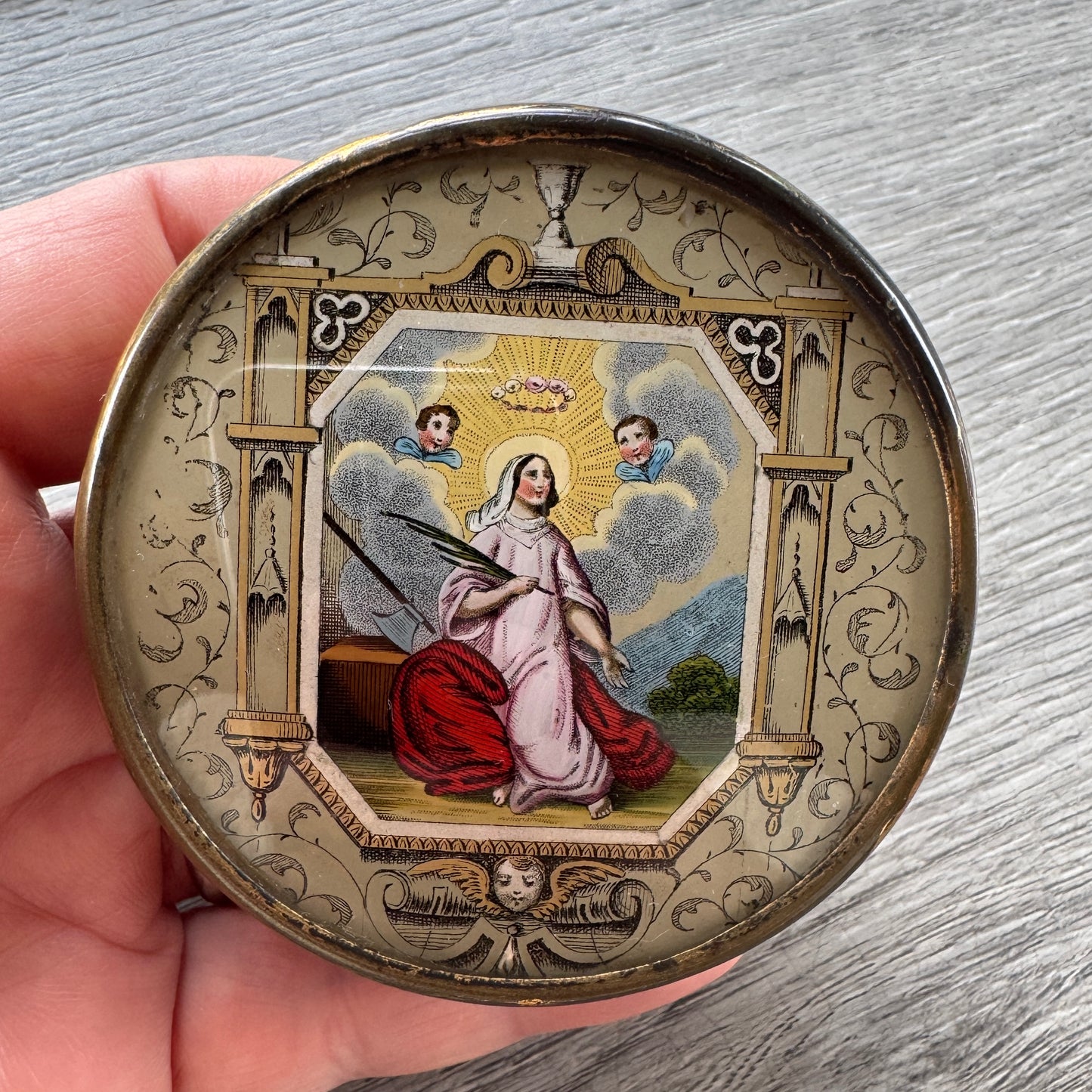 Boîte Ancienne Bonbonnière sous verre XIXe - Scène Religieuse