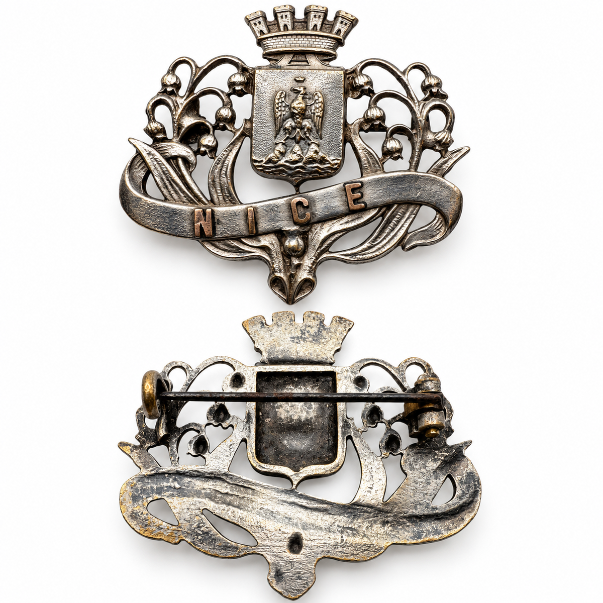 Broche Ancienne « souvenir de bord de Nice » - Métal Argenté