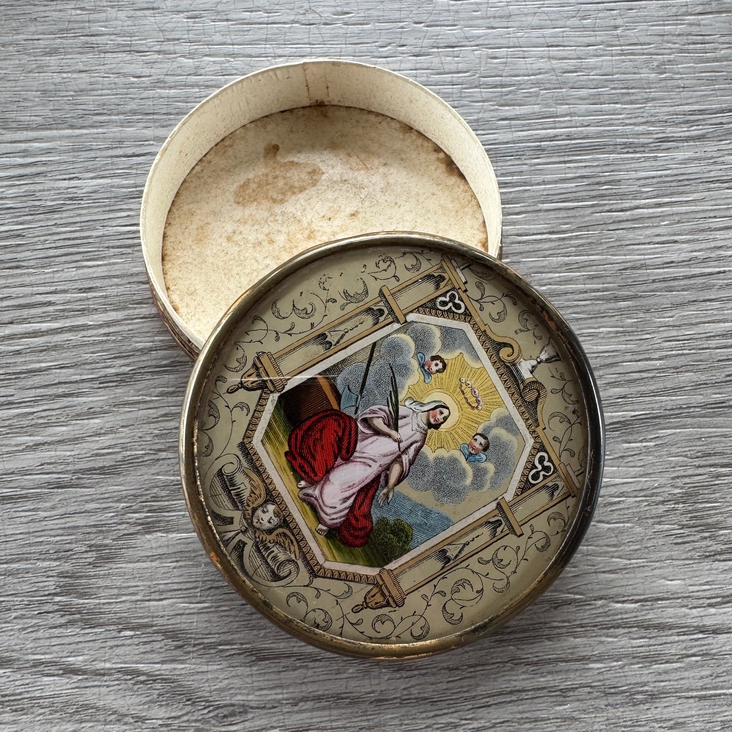 Boîte Ancienne Bonbonnière sous verre XIXe - Scène Religieuse