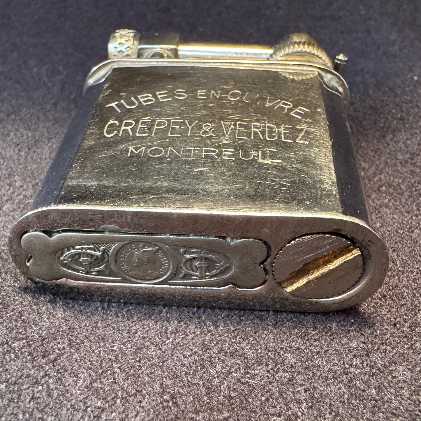 Briquet publicitaire ancien à essence - « Tubes en cuivre - CREPEY&VERDEZ Montreuil »