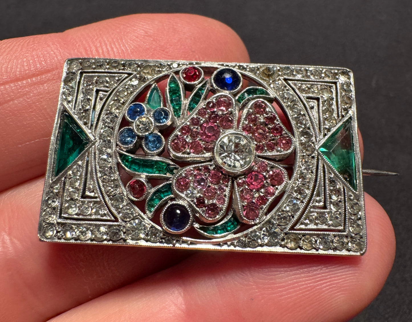 Superbe broche art deco « trèfle à 4 feuilles » argent sterling et pierres