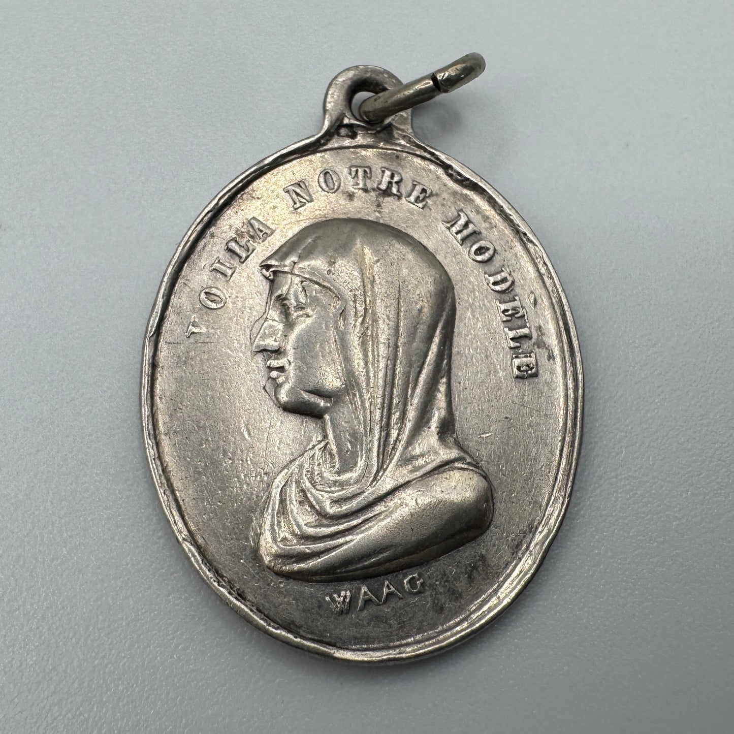 médaille religieuse ancienne en argent - Ange et Vierge Marie