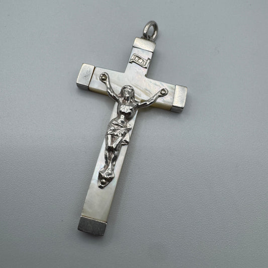 Croix crucifix ancien - argent et nacre
