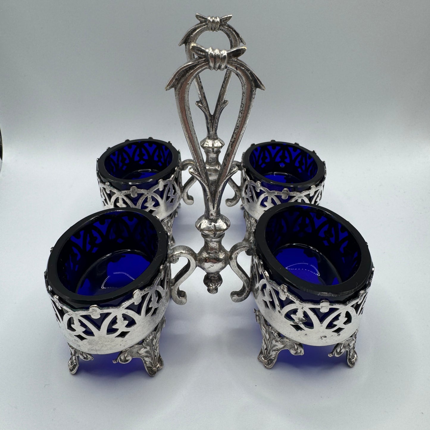 Paire de serviteurs sel/poivre anciens XIXeme - métal argenté et verre bleu cobalt
