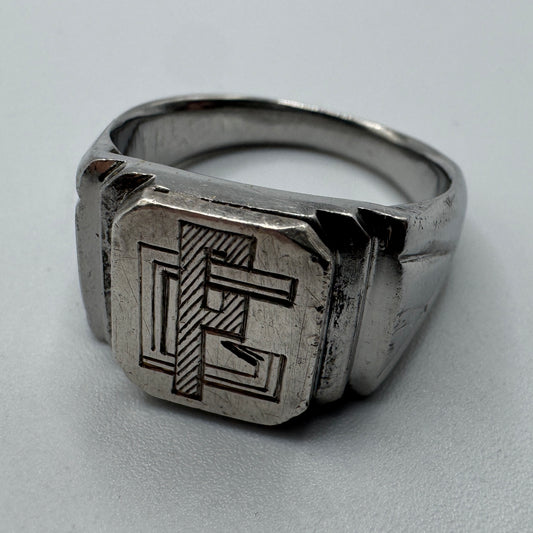 chevalière ancienne Art déco - argent massif et acier, monogramme gravé