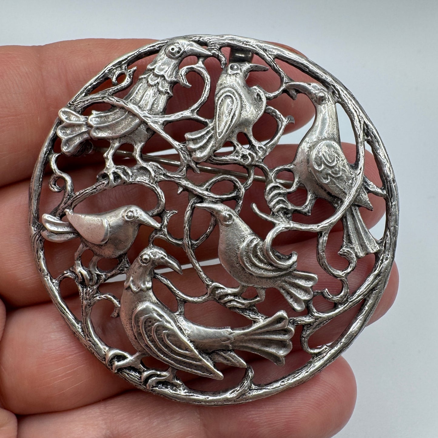 Grande Broche ancienne TOULHOAT « la volière » - argent massif