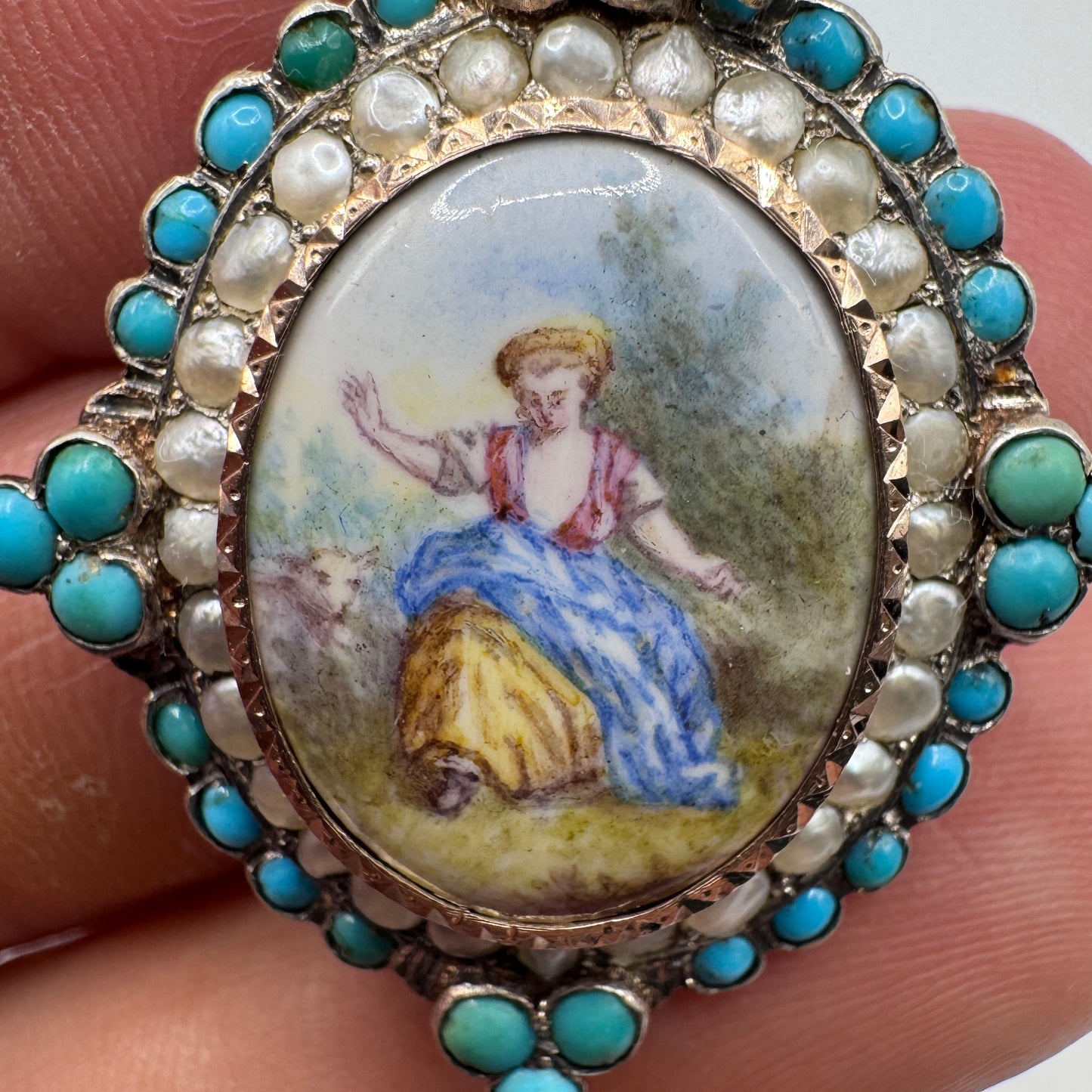 Rare Pendentif porte relique XIXe - argent massif vermeil, nacre, turquoise et émail