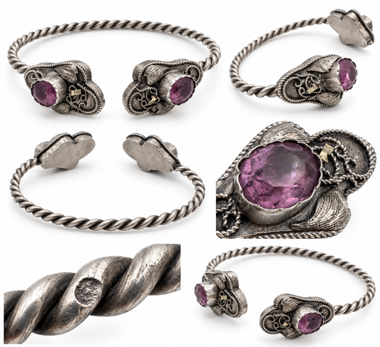 Bracelet ancien ethnique - argent massif et améthyste