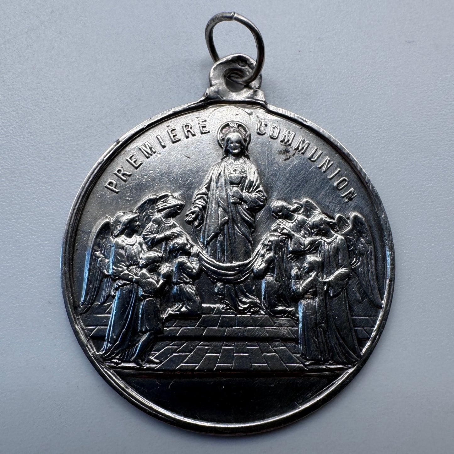 Rare grande Médaille religieuse ancienne « Jesus et les anges gardiens » - argent