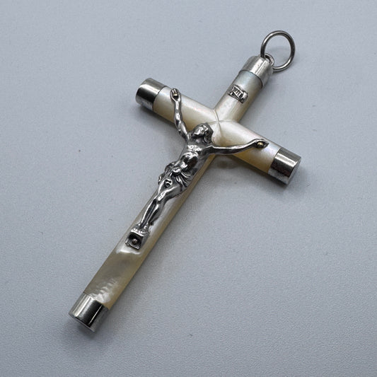 Superbe grande Croix crucifix ancien - argent et nacre