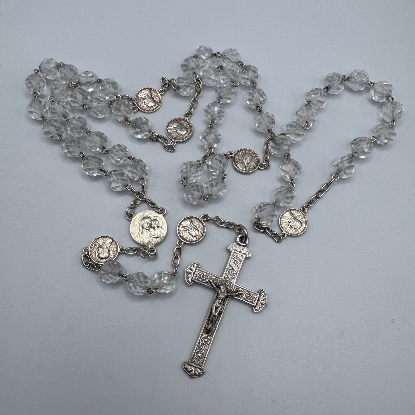 Superbe Chapelet ancien en argent et perles cristal