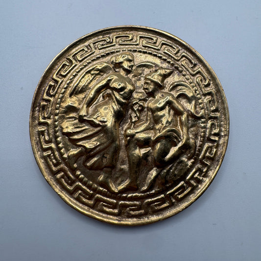 Grande Broche ancienne en bronze « Hermès et ange gardien »