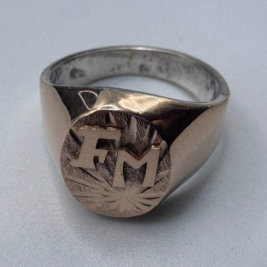 Superbe chevalière ancienne initiales FM - argent et or
