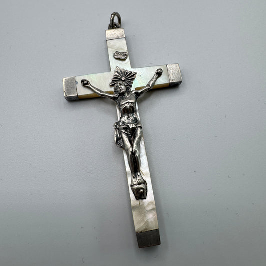 Croix crucifix ancien - argent et nacre