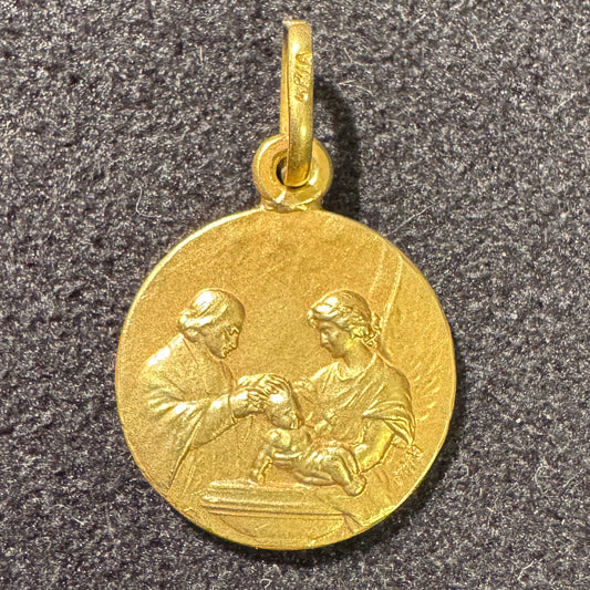 Médaille religieuse ancienne plaqué or « baptême et ange gardien »