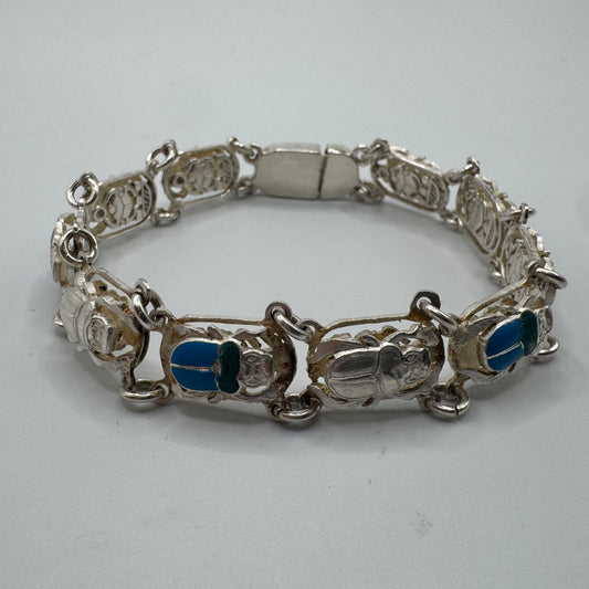 Superbe Bracelet ancien en argent massif « scarabées égyptiens »