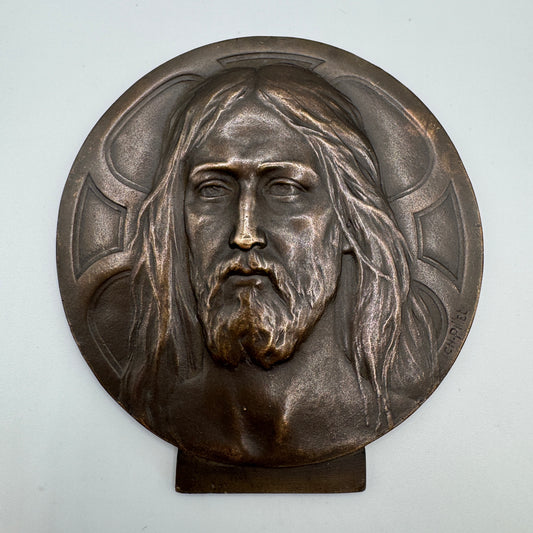 Grosse Médaille artistique ancienne en bronze « Le Christ » par Charles Pillet