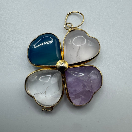 Pendentif vintage « trèfle à 4 feuilles » - métal doré et pierres