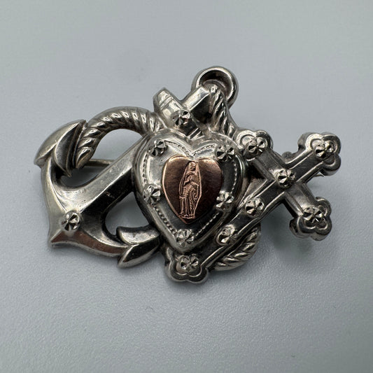 Broche ancienne religieuse « croix - coeur - ancre » argent massif