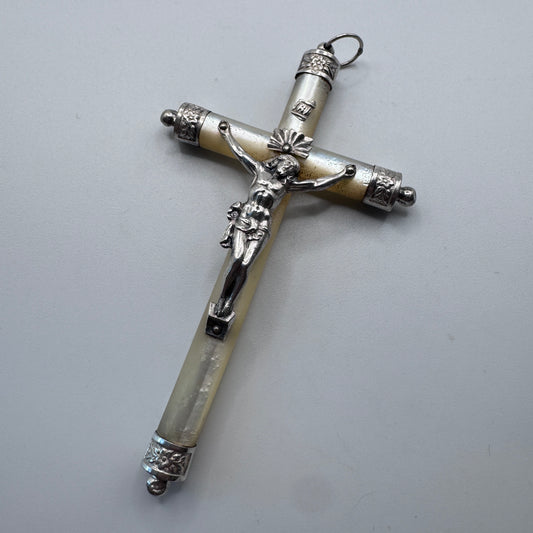 Superbe grande Croix crucifix ancien - argent et nacre