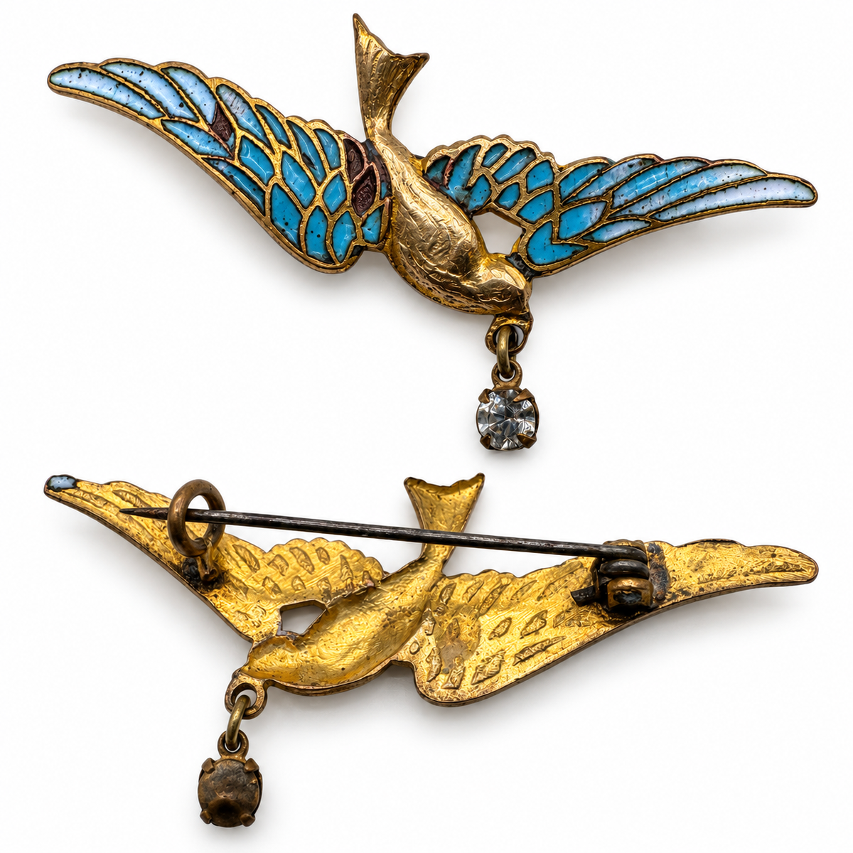 Broche ancienne « oiseau » - laiton émaillé