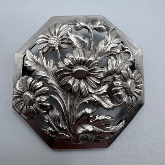 Broche ancienne en en argent « motif aux pâquerettes » - argent massif