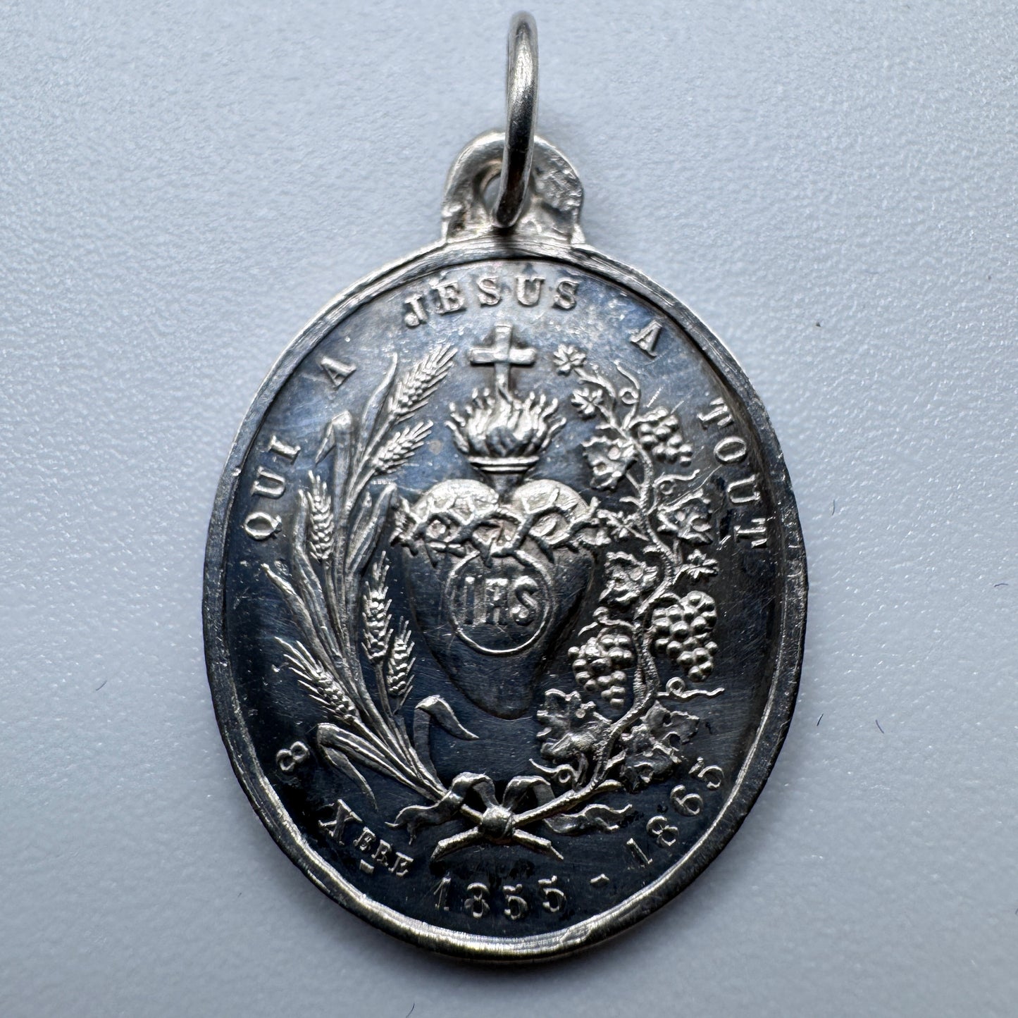 Superbe Médaille religieuse ancienne -  « Cœurs de Jésus et Marie » - argent