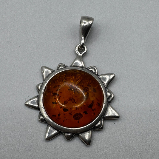 Pendentif vintage « soleil » en argent massif et ambre