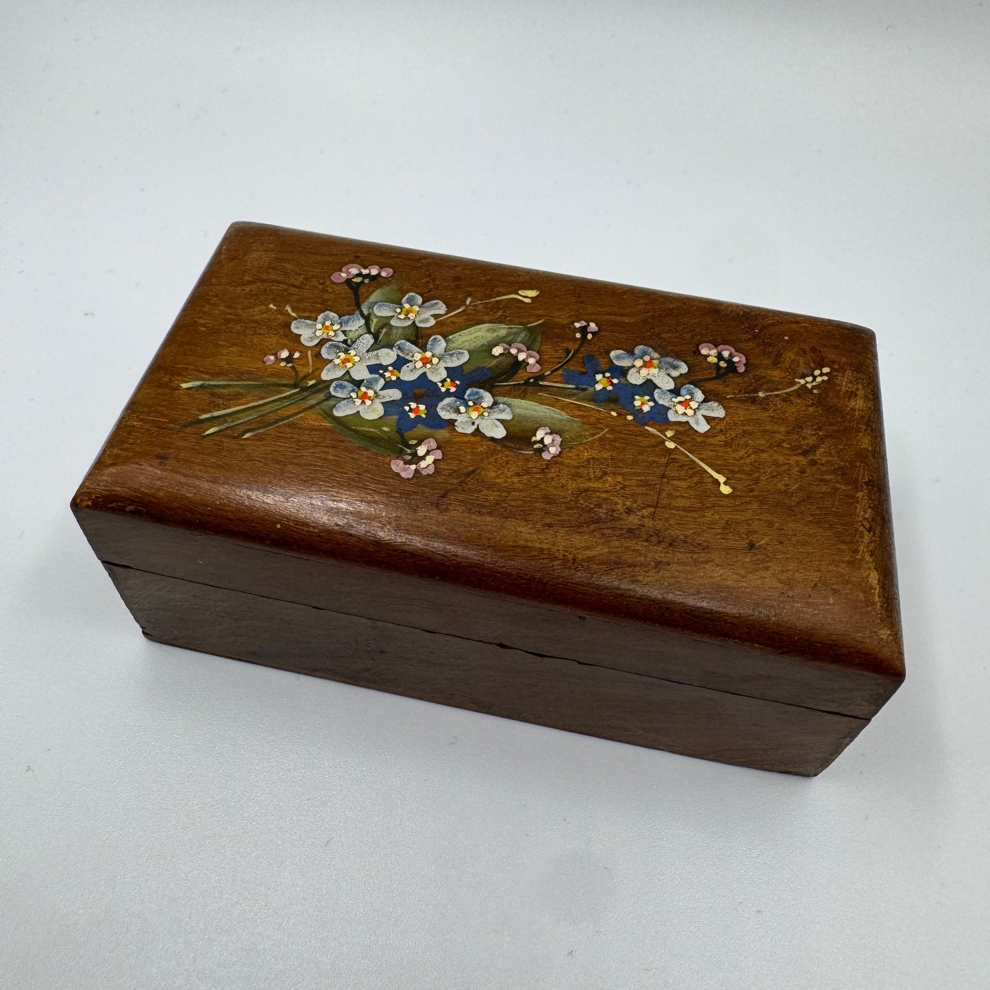 Boîte à timbres ancienne en bois - décor floral