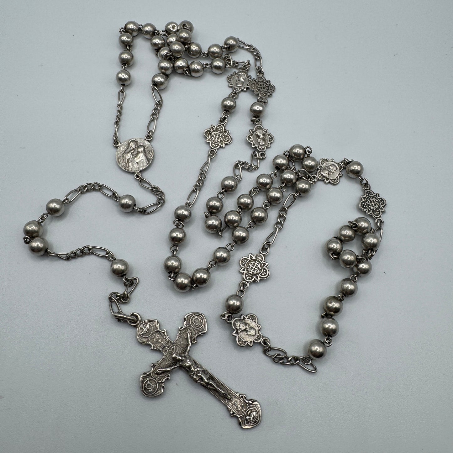 Superbe et Grand Chapelet ancien vers 1900 entièrement en argent massif
