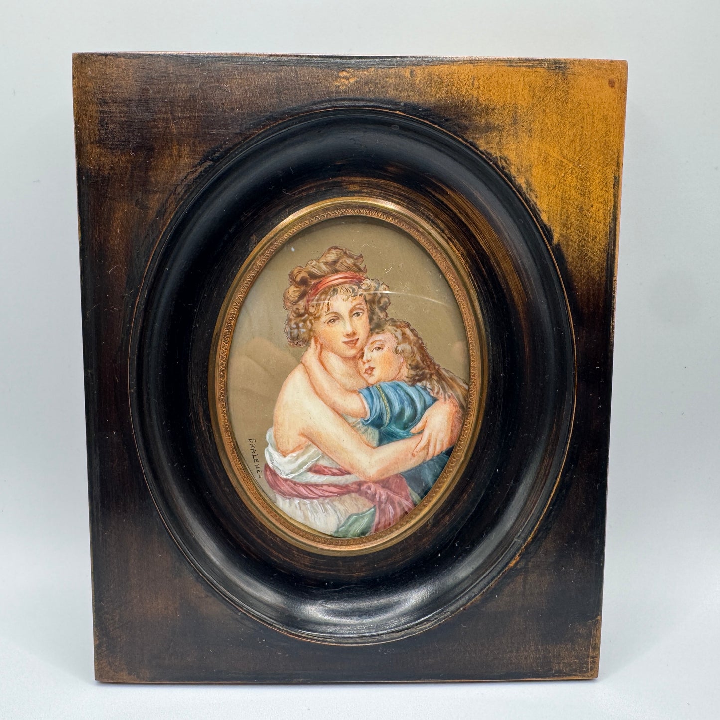 Peinture miniature sous verre « femme et son enfant »