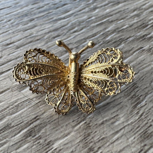 Broche ancienne en filigrane « Papillon » en argent vermeil