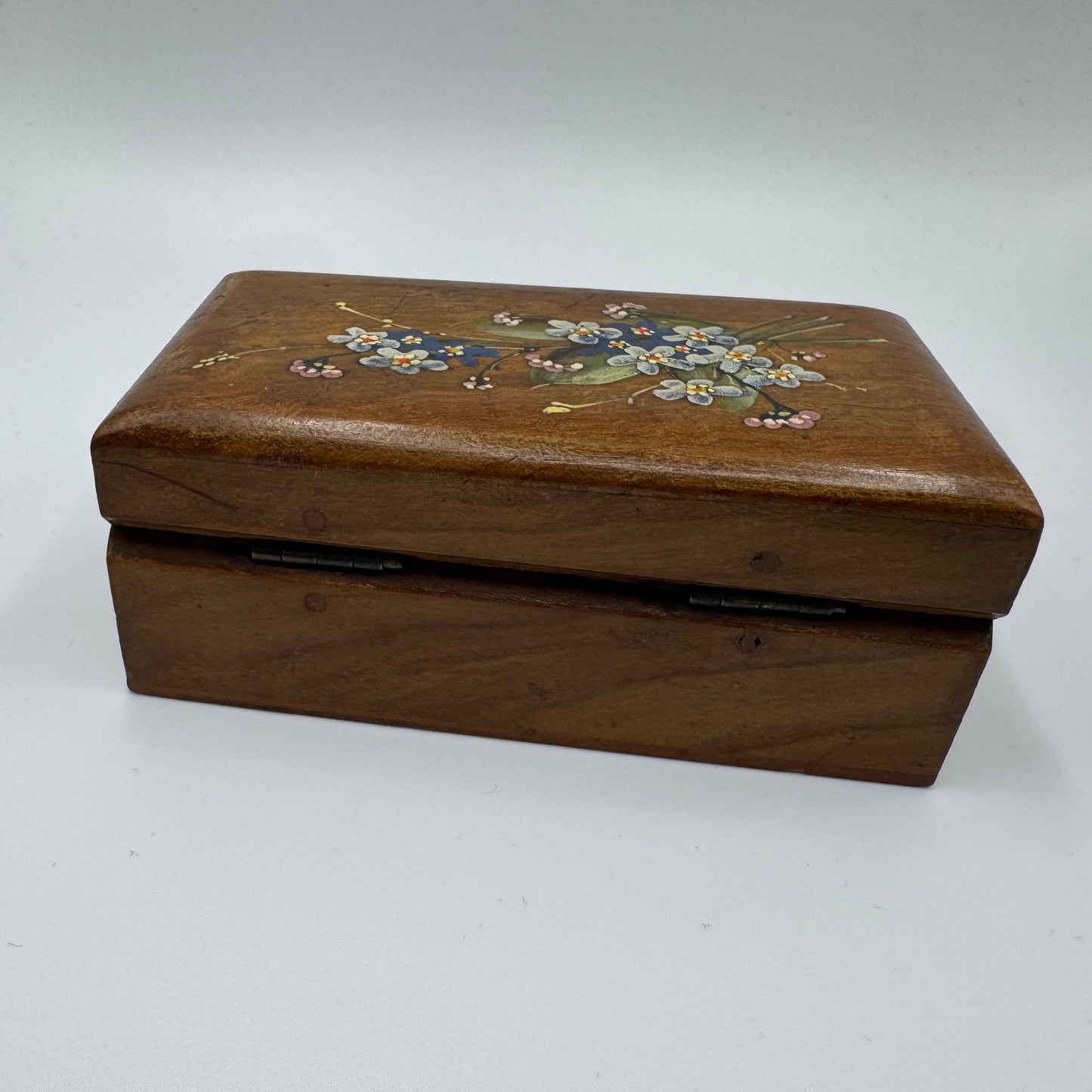 Boîte à timbres ancienne en bois - décor floral