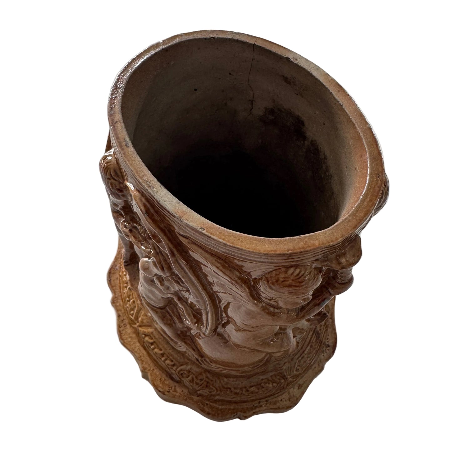 Superbe pot XIXe « angelots chevauchant un dauphin » - grès vernissé