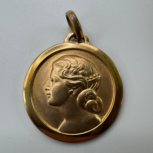 Grand Pendentif ancien Art Deco « profil de femme » - plaque or