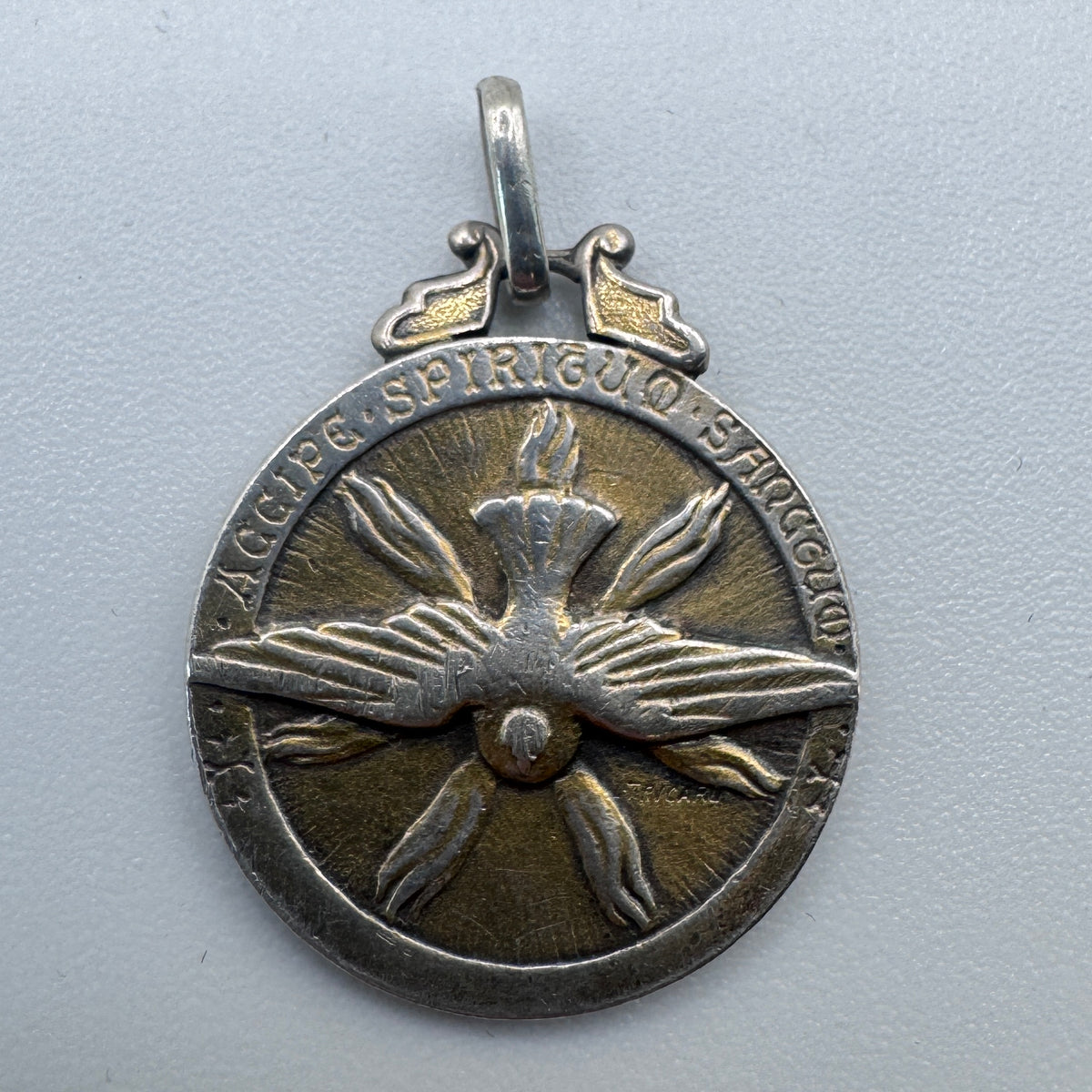Medaille religieuse ancienne « Saint Esprit » - argent massif et vermeil