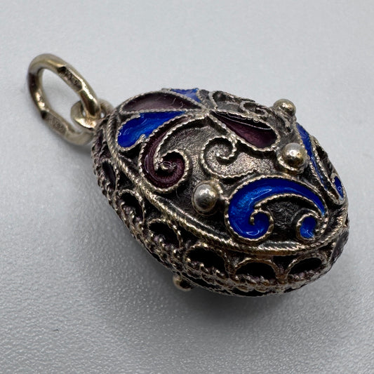 Rare Pendentif ancien Russe dans le goût de Fabergé « œuf » - argent massif émaillé