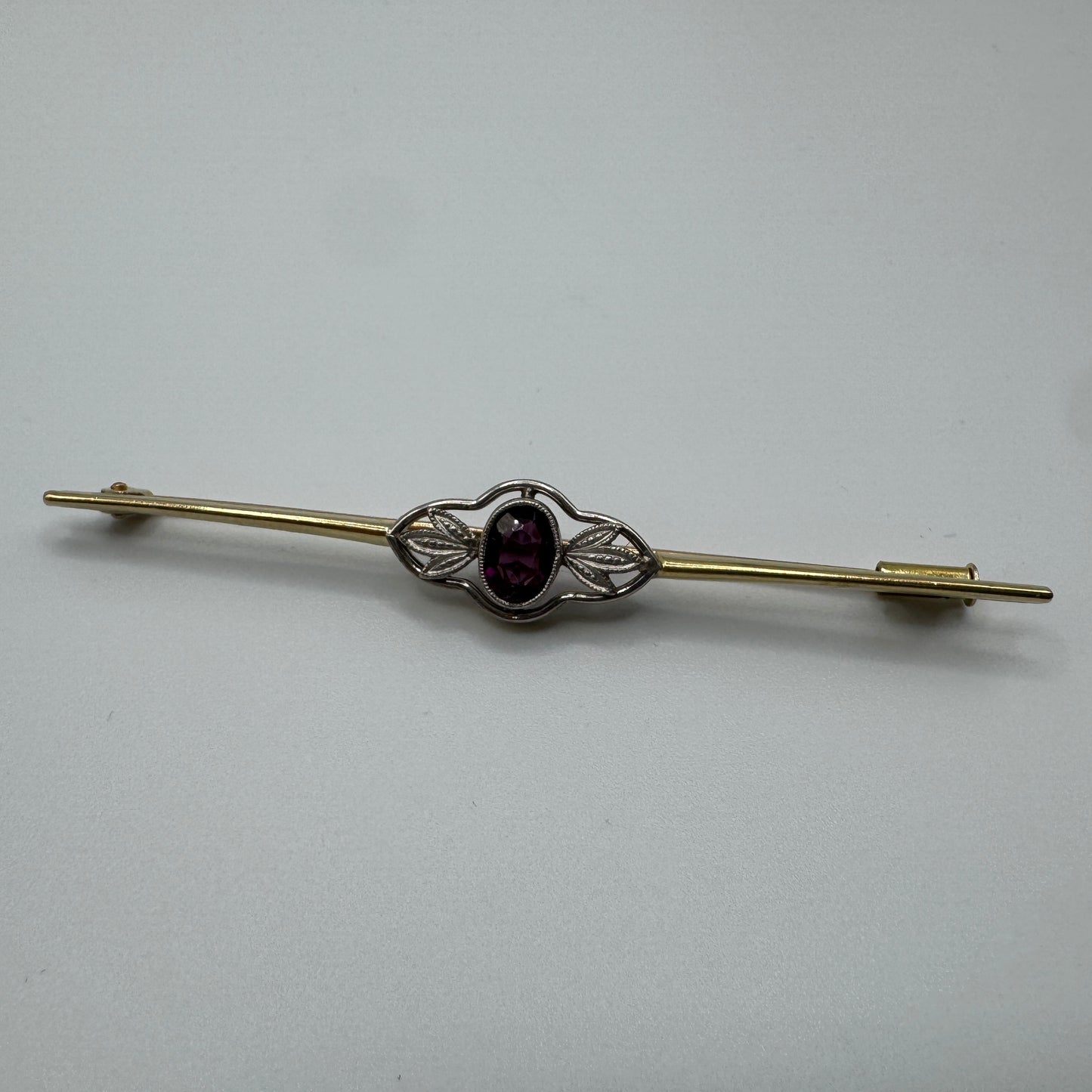 Broche ancienne barrette - plaqué or et pierre violette