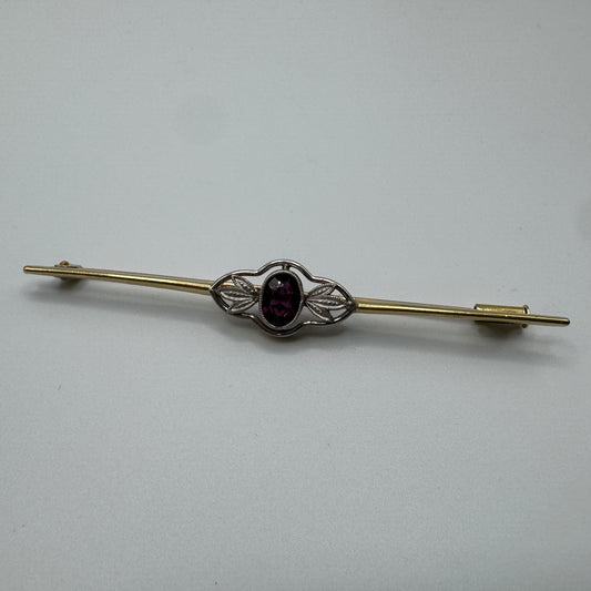 Broche ancienne barrette - plaqué or et pierre violette