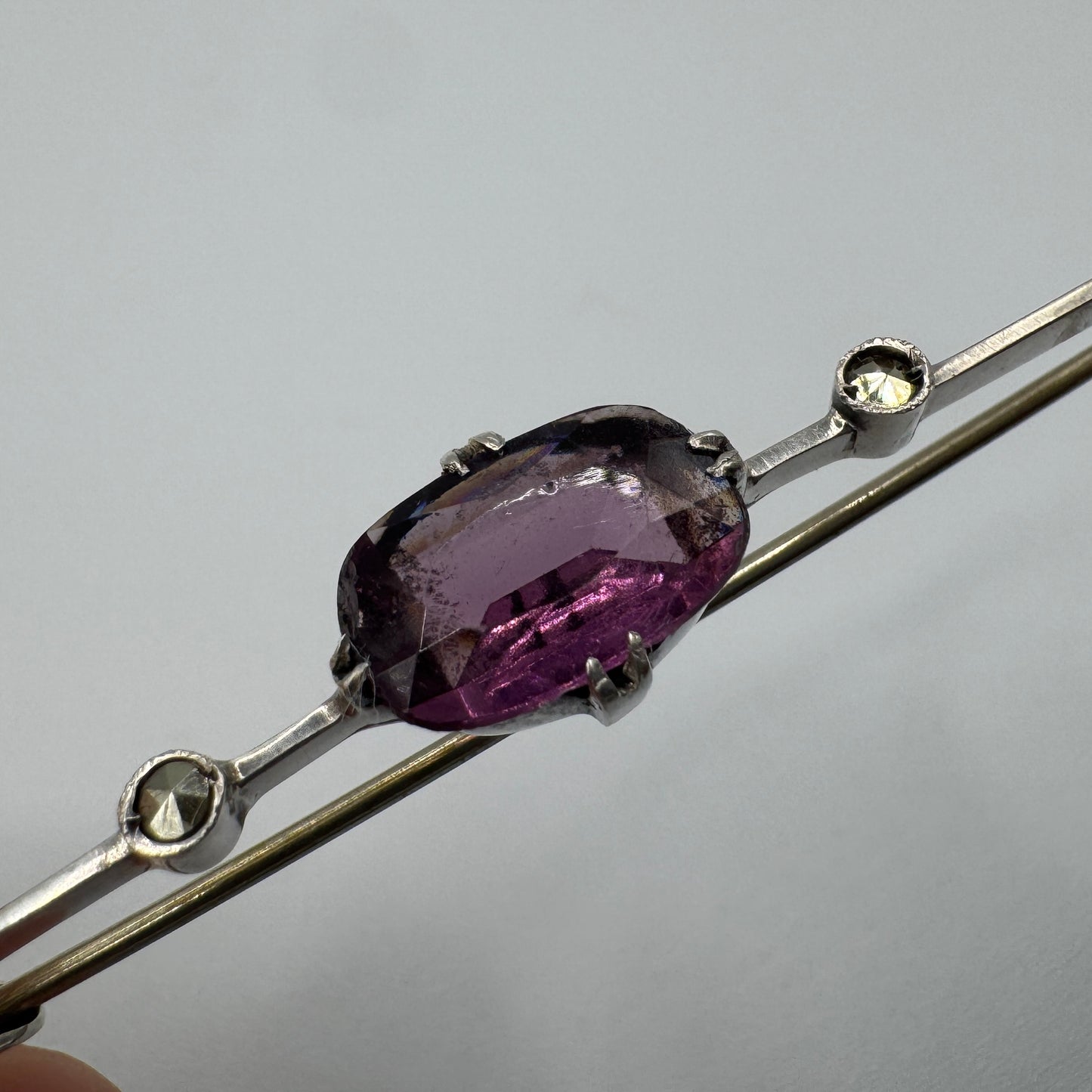 Broche ancienne barrette - argent massif et pierre violette