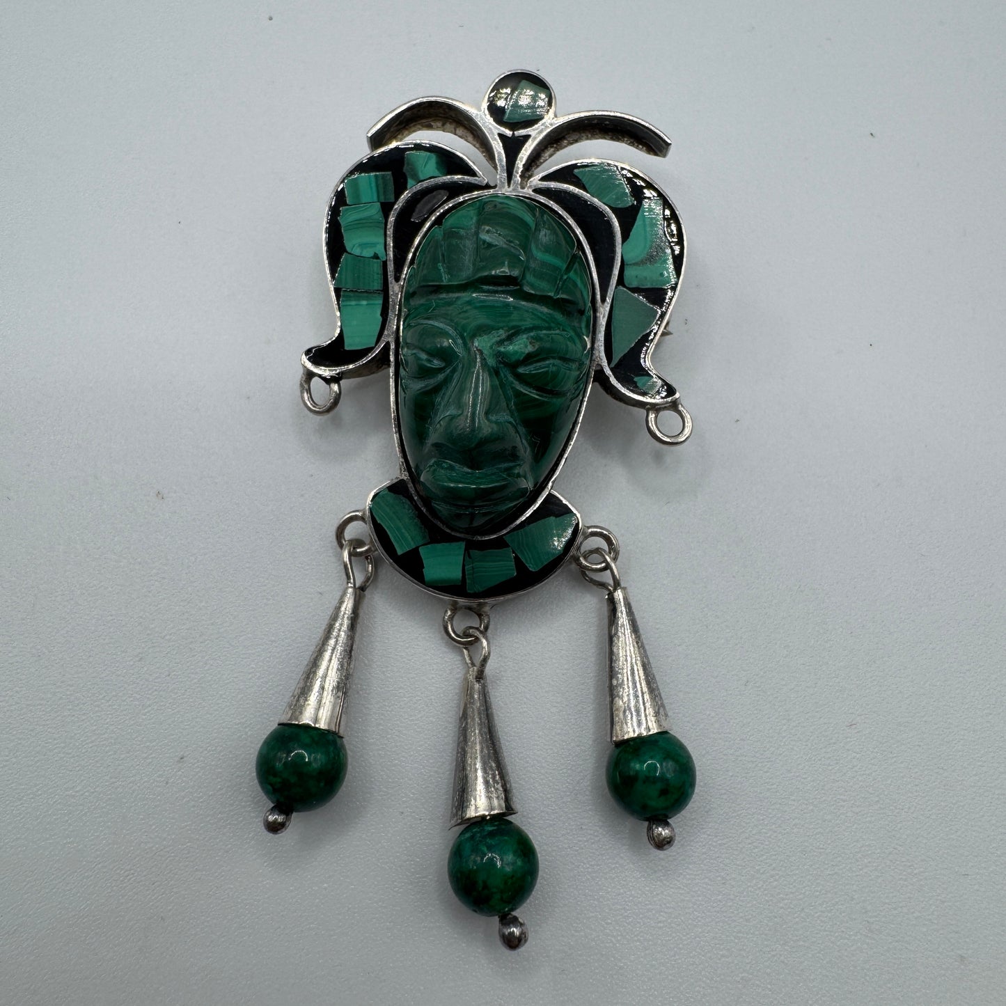 Broche ancienne Mexique - argent et malachite