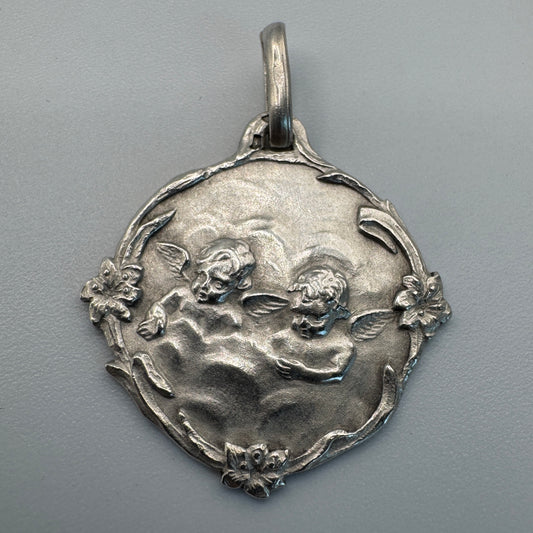 Médaille  ancienne Art Nouveau  - « angelots 1906 » - argent