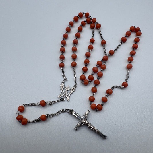 Petit Chapelet d’enfant ancien vers 1900 - argent massif et corail